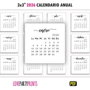 3x3 2026 Mini Calendar Annual Yearly PDF Printable A4 & Letter