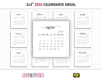 3x3 Calendario Mini 2026 Anual Spanish PDF Imprimir A4 y Letter Size Lunes y Domingo Semana Inicio Imprimible Minimalista Descarga Digital