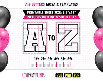 Mosaic Letters A-Z Template Bundle SVG Balloon Frame Alphabet Birthday Backdrop Cutout PDF PNG