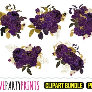 Lila Rose Clipart, PNG-Format, Gold Glitter Umriss Trim Bouquet Vintage Rosen Clipart, Goth Hochzeit Einladung Clip Art, CA96