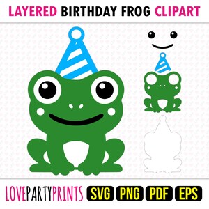 May include: Layered digital clipart of a green frog wearing a blue and white party hat. The frog is smiling and has large, black eyes. The clipart is perfect for birthday party decorations or invitations.