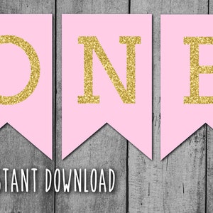 PINK and GOLD Glitter One High Chair BANNER - One highchair banner, first birthday, glitter stars, Instant Download, Ready to Print (obc2)