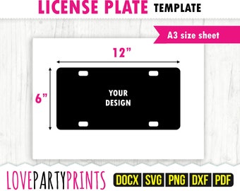 Plantilla de matrícula SVG, PDF, Png, Dxf, plantilla de matrícula en blanco, 12" x 6", PDF imprimible, archivo de corte SVG, Ms Word Docx, A3, CA117