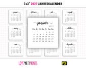 3x3 2027 Kalender Jährlich German PDF druckbare A4 & Letter Format Montag und Sonntag Woche Start Home Minimalistischer Digital Download