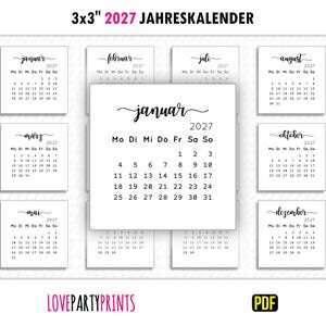 3x3 2027 Kalender Jährlich ドイツ語 PDF druckbare A4 & レター形式 Montag und Sonntag Woche Start Home Minimalistischer Digital Download