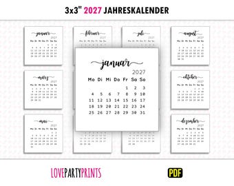 3x3 2027 Kalender Jährlich German PDF druckbare A4 & Letter Format Montag und Sonntag Woche Start Home Minimalistischer Digital Download