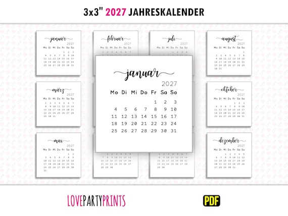 3x3 2027 Kalender Jährlich German PDF druckbare A4 & Letter Format Montag und Sonntag Woche Start Home Minimalistischer Digital Download