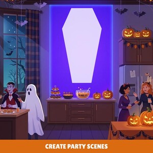 May include: A digital illustration of a Halloween party scene featuring a large white coffin-shaped cutout on a purple wall, a kitchen counter with a bowl labeled BUBBLES, pumpkins, and several people in costumes including a ghost and a vampire.