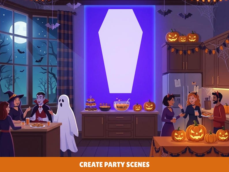 May include: A digital illustration of a Halloween party scene featuring a large white coffin-shaped cutout on a purple wall, a kitchen counter with a bowl labeled BUBBLES, pumpkins, and several people in costumes including a ghost and a vampire.