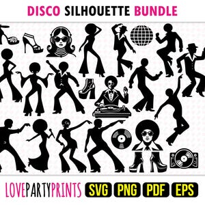 Paquete de siluetas de discoteca SVG, PNG, Eps, PDF, clipart de fiesta de baile de los años 70, plantilla de diseño gráfico de corte vectorial con láser a máquina, descarga instantánea