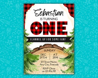 Lumberjack 1st Birthday Invitation Template | Editable Canva | Printable Digital Download | Rustic Plaid Party Invite | Mobile 5x7