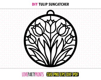 Atrapasol de tulipán SVG, DXF, PNG, PDF, EPS, adorno para ventana, silueta vectorial cortada a máquina y con láser, archivos de corte