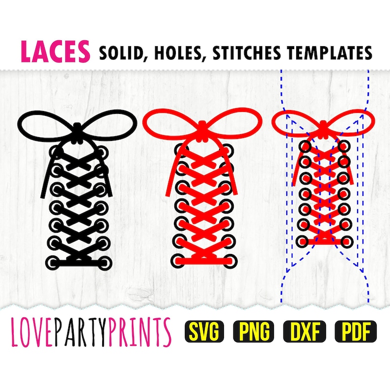 May include: Three variations of a lace design, showing a solid black lace, a red lace, and a blue dotted line outline of the lace. The text "LACES SOLID, HOLES, STITCHES TEMPLATES" is at the top of the image. The text "LOVEPARTYPRINTS SVG PNG DXF PDF" is at the bottom of the image.