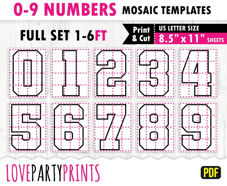 6ft, 5ft, 4ft, 3ft, 2ft, 1ft, 0-9 All Numbers Mosaic Balloons Templates, Square Numbers, 8.5x11 Printable PDF, Instant Download, PDF, BT11 zdjęcie 2