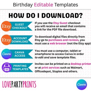 May include: A graphic with the text "HOW DO I DOWNLOAD?" and instructions for downloading editable templates from Etsy and Canva. Includes the Love Party Prints logo and Canva logo.