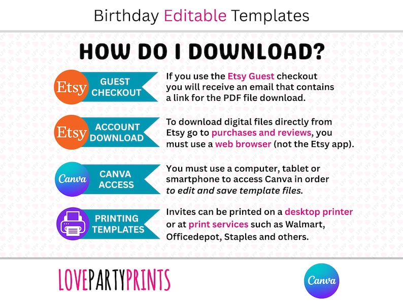 May include: A graphic with the text "HOW DO I DOWNLOAD?" and instructions for downloading editable templates from Etsy and Canva. Includes the Love Party Prints logo and Canva logo.