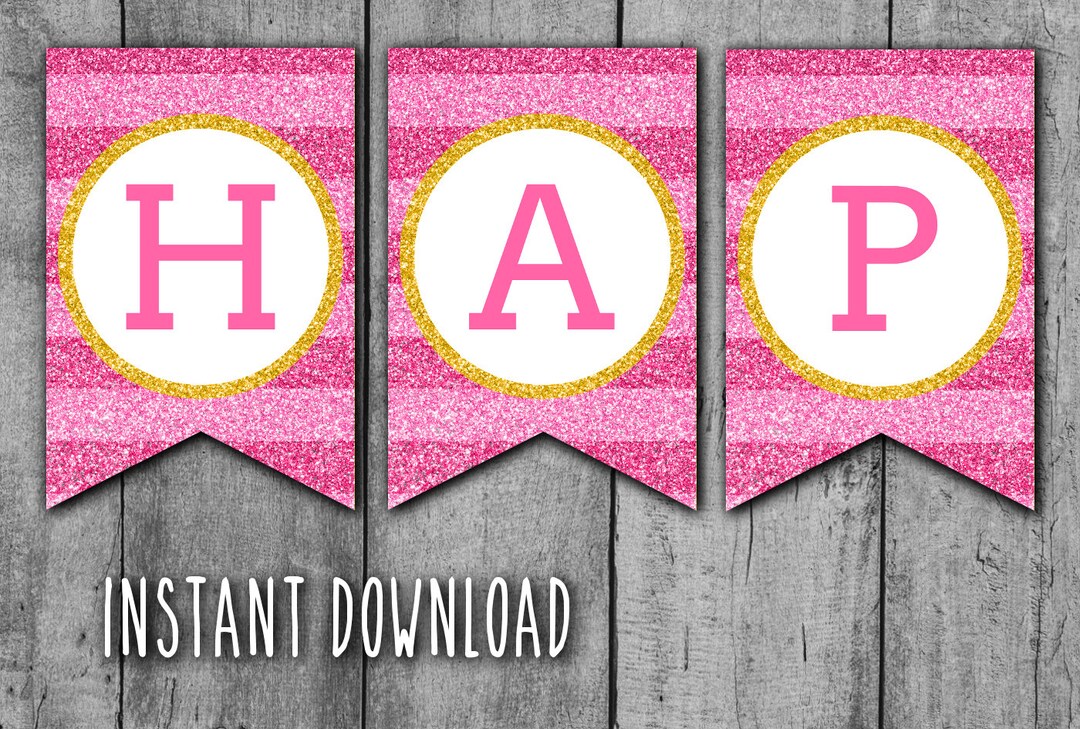 GLITTER Happy Birthday PRINTABLE BANNER - Hot Pink Stripes and Gold ...