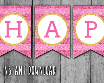 GLITTER Happy Birthday PRINTABLE BANNER - Hot Pink Stripes and Gold Glitter Banner, Chevron Bunting, Instant Download, Ready to Print (bb3)