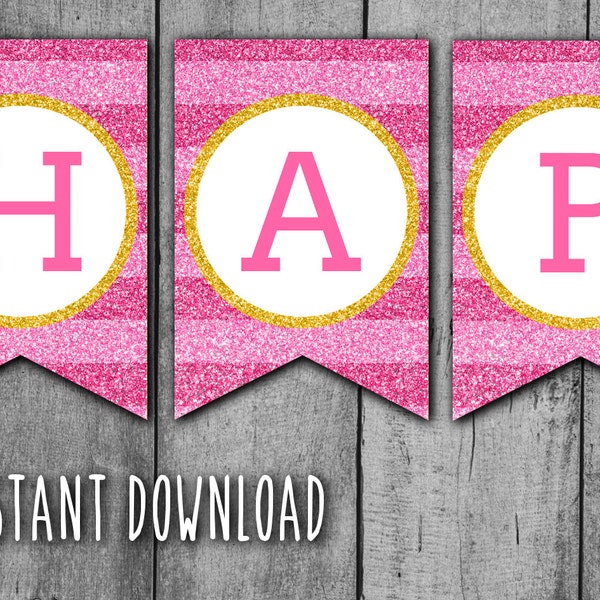 GLITTER Happy Birthday PRINTABLE BANNER - Hot Pink Stripes and Gold Glitter Banner, Chevron Bunting, Instant Download, Ready to Print (bb3)