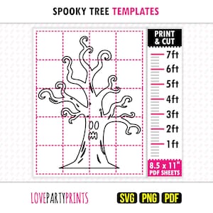 May include: A black and white line art template of a spooky tree with a face, displayed on a grid. The graphic includes a vertical scale measuring from 1ft to 7ft, with text labels reading SPOOKY TREE TEMPLATES, PRINT & CUT, and 8.5 x 11" PDF SHEETS.