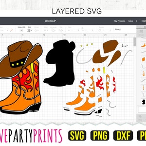Peut inclure: Conception SVG en couches d'un chapeau de cowboy et de bottes. Le chapeau est brun avec un bandeau jaune et cinq &eacute;toiles dor&eacute;es. Les bottes sont orange avec des flammes rouges et des accents jaunes. Le motif est s&eacute;par&eacute; en plusieurs couches pour une d&eacute;coupe facile.