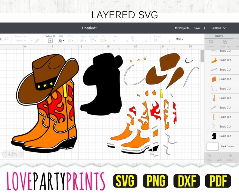 Peut inclure: Conception SVG en couches d'un chapeau de cowboy et de bottes. Le chapeau est brun avec un bandeau jaune et cinq &eacute;toiles dor&eacute;es. Les bottes sont orange avec des flammes rouges et des accents jaunes. Le motif est s&eacute;par&eacute; en plusieurs couches pour une d&eacute;coupe facile.