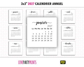 3x3 Calendrier 2027 annuel English English PDF imprimable A4 et format lettre lundi et dimanche début de la semaine téléchargement numérique
