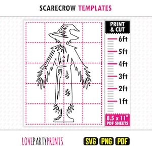 May include: A black line art scarecrow template on a grid background with a height scale from 1ft to 6ft. The text reads SCARECROW TEMPLATES, PRINT & CUT, and 8.5 x 11" PDF SHEETS. The file formats SVG, PNG, and PDF are listed at the bottom.