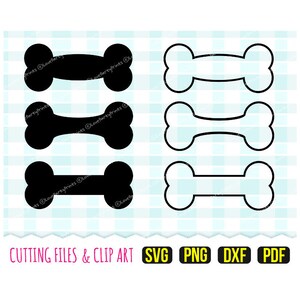 May include: Four black and white dog bone shapes. Two are filled in black and two are outlined in black. The shapes are on a light blue and white checkered background. The text "CUTTING FILES & CLIP ART SVG PNG DXF PDF" is at the bottom of the image.