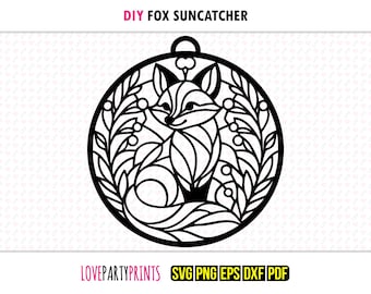 Fuchs Sonnenfänger SVG, Dxf, Png, Pdf, Eps, Wildtiere Fensterschmuck Sonnenfänger, Maschine Laser Schnitt Silhouette Vektor Clip Art, Schneidedatei