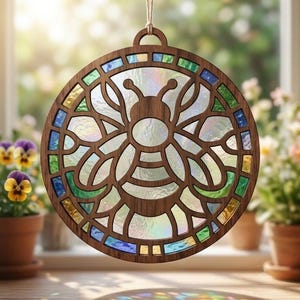 May include: A circular wooden suncatcher featuring a cutout bee design. The frame is dark brown wood, and the interior panels consist of iridescent, textured glass in shades of blue, green, and yellow, suspended by a thin string for hanging.