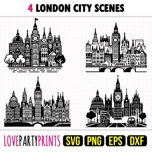 London SVG Bundle, PNG, EPS, Dxf, City Skyline Svg, Big Ben Svg, Silhouette Cut Files, 4 Vector Laser Templates, Digital Download, 1298