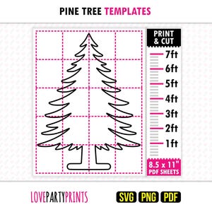May include: A black outline of a pine tree on a white grid background with pink dashed lines. To the right, a black vertical scale labeled PRINT & CUT shows measurements from 1ft to 7ft. The text 8.5 x 11" PDF SHEETS appears below the scale.