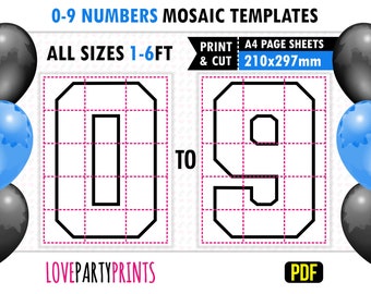 A4 Number Mosaic PDF Balloons Templates, 6ft, 5ft, 4ft, 3ft, 2ft, 1ft, Square Numbers, 210 x 297 mm Printable PDF, Instant Download, BT53