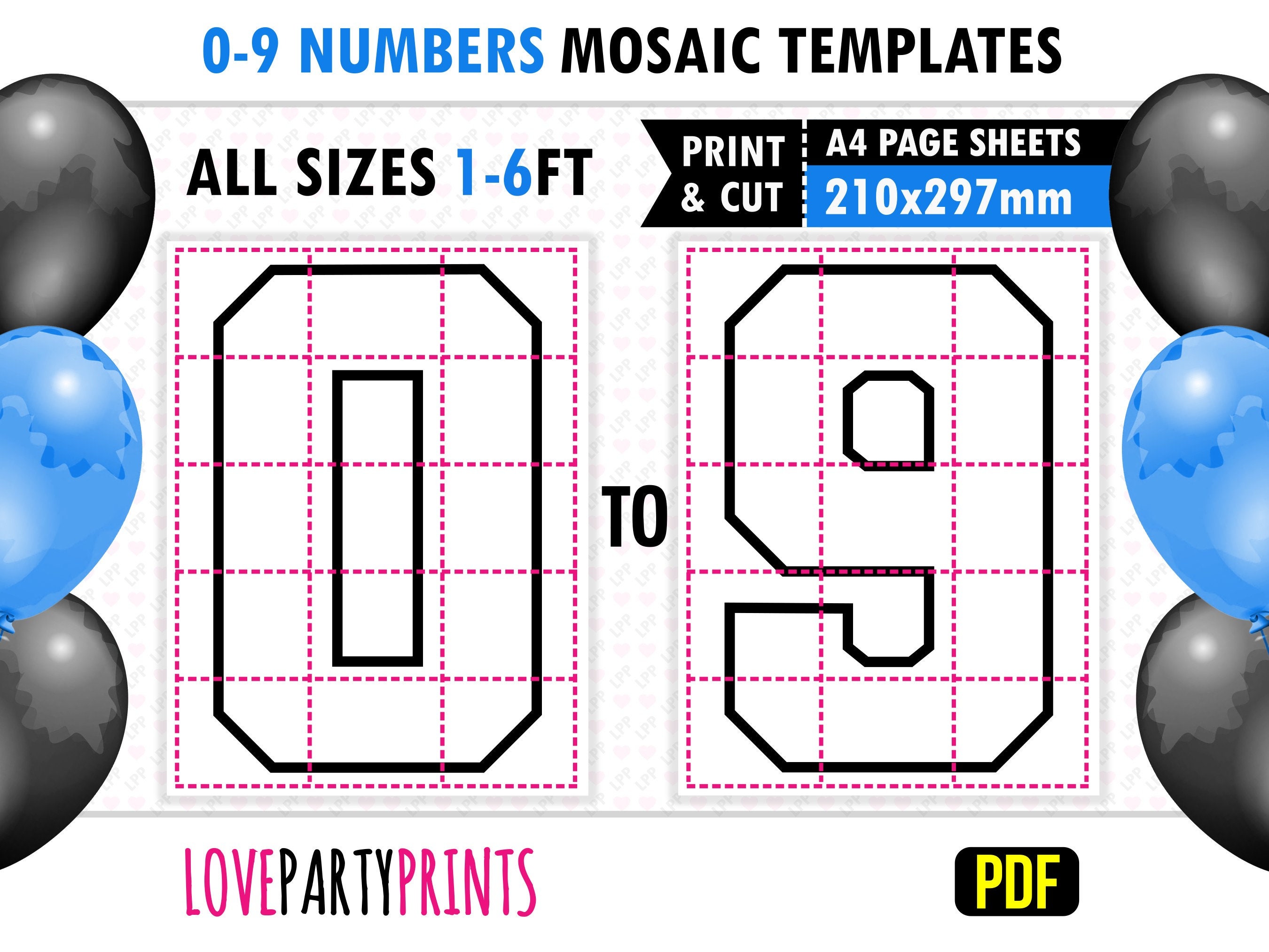 A4 Number Mosaic PDF Balloons Templates, 6ft, 5ft, 4ft, 3ft, 2ft, 1ft, Square Numbers, 210 x 297 mm Printable PDF, Instant Download, BT53