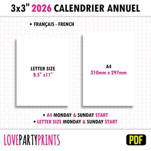 May include: Printable 2026 calendar in French, available in Letter size (8.5 inches by 11 inches) and A4 size (210 mm by 297 mm). Both sizes offer Monday and Sunday start options.  PDF download.