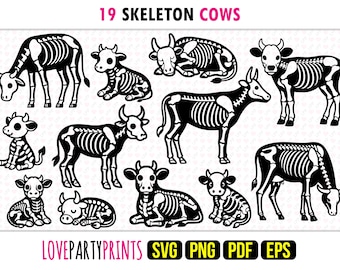 Kuh-Skelett SVG-Bundle, EPS, PNG, Pdf, Färse Kalb Skelette Knochen, Halloween Herbst Bauernhof Tiere Gruselig Clipart, Sofort-Download, 1659