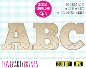 MERMAID ALPHABET and Numbers, Birthday Party Printable JPG files, 300dpi High Quality, Create your own banner (anb14)