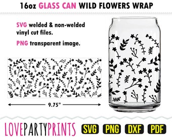 Wilde bloemen kunnen glas wrap SVG, DXF, PNG, lijn bloemen kunnen SVG inpakken, lente kan SVG inpakken, bloemen kunnen SVG inpakken, 16oz kan glas wrap, GC11