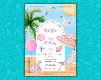 Beach Birthday Invitation | Editable Canva Template | Tropical Summer Party Invite for Kids and Adults | Digital Download | Mobile & 5x7