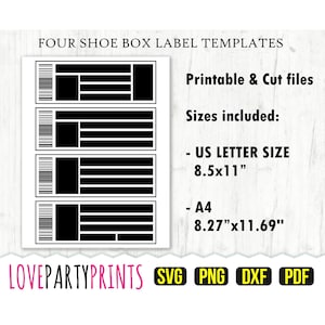 Plantilla de etiqueta para caja de zapatos SVG, PDF, png, dxf, cuatro diseños de plantilla, plantilla de etiqueta de 7" x 2,5", tamaño carta de EE. UU. 11" x 8,5", A4 8,27" x 11,69", (CA70)