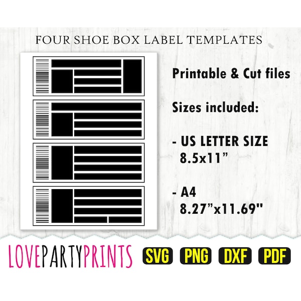 Shoe Box Label Template SVG, PDF, png, dxf, Four Template Designs, 7"x2.5" label template, US Letter 11"x8.5", A4 8.27"x11.69", (CA70)