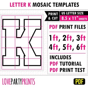 Letra K cuadrada, mosaico de globos, plantilla de mosaico, 1 pie, 2 pies, 3 pies, 4 pies, 5 pies, 6 pies, letras de mosaico, 8,5" x 11" PDF, descarga instantánea, BT25