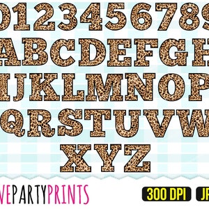 May include: Leopard print alphabet letters and numbers in black outlines. The letters are uppercase and the numbers are in a bold font. The background is a light blue and white checkered pattern. The text "LOVEPARTYPRINTS" and "300 DPI JPG" are at the bottom of the image.