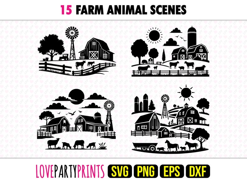 Farm Animal Scene SVG Bundle, PNG, EPS, Dxf, Farming Scenes, Cow ...