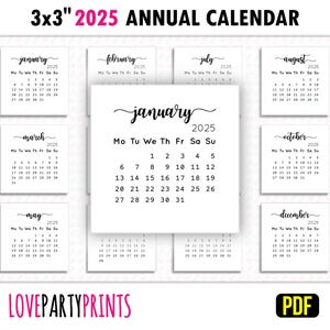 3x3 2025 Mini Calendario Anual Anual PDF Imprimible A4 & Tamaño Carta Lunes y Domingo Semana Inicio Imprimible Minimalista Descarga Digital 1512