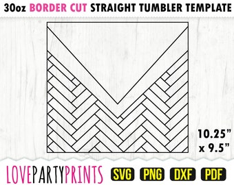 May include: Black and white geometric design template for a 30oz straight tumbler. The design features a chevron pattern with a border. The template is 10.25 inches by 9.5 inches.