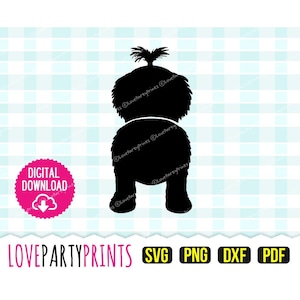May include: Black silhouette of a dog with a ponytail, facing away from the viewer. The dog is standing on a light blue and white checkered background. The text "DIGITAL DOWNLOAD" is in a red circle with a white cloud and downward arrow. The text "LOVEPARTYPRINTS" is in pink, and the text "SVG PNG DXF PDF" is in yellow.