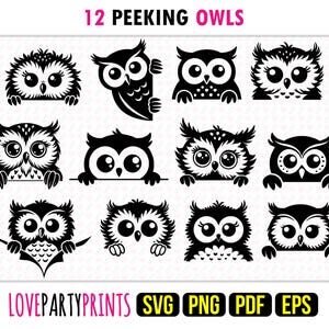 Puede incluir: Doce imágenes en silueta negra y blanca de búhos mirando por encima de una superficie. Los búhos tienen ojos grandes y están en varias poses. El texto "12 PEEKING OWLS" está en la parte superior de la imagen.