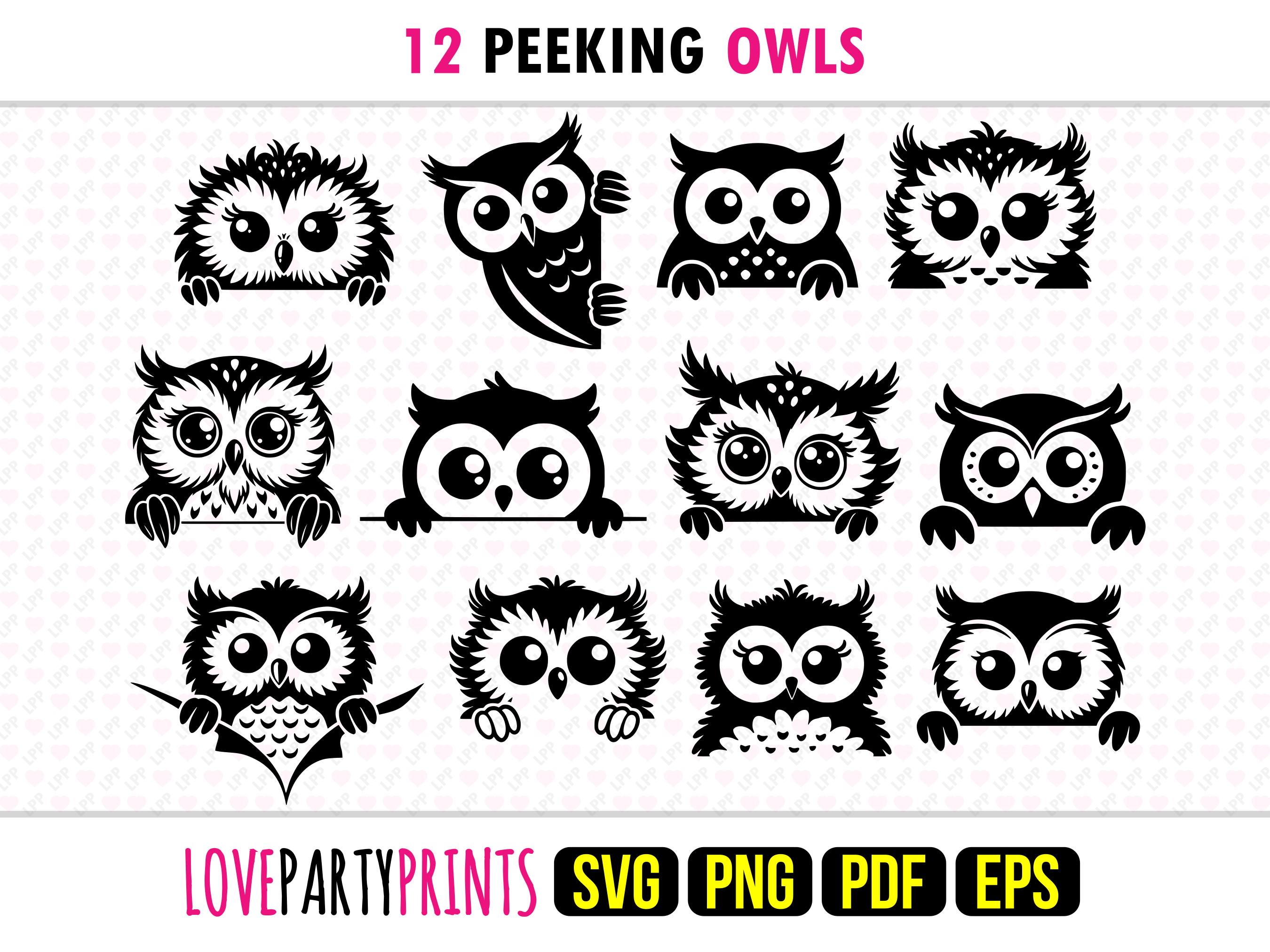 Peeking Owl Bundle, SVG, PNG, EPS, Pdf, 12 Owls Machine Cut Laser Cnc Vector Graphic Print Dye Sub T
